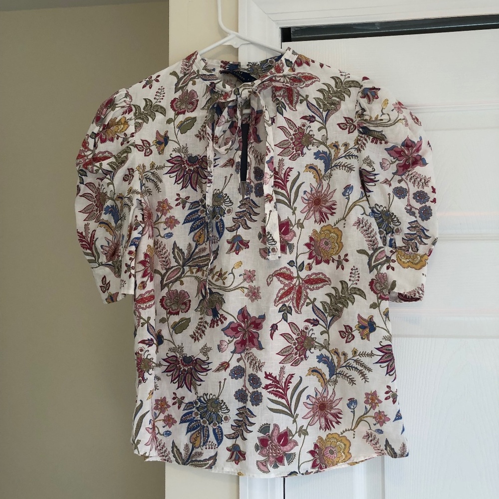 Polo Ralph Lauren Watson Puff-Sleeve Necktie Blouse Wallpaper Floral